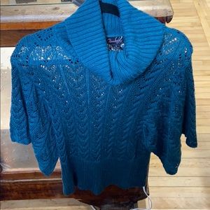 Teal colored cowl neck lightweight sweater